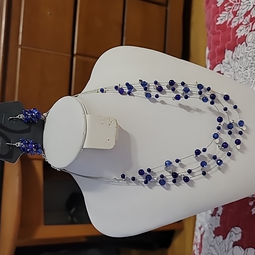 Blue Beaded 3 Layer Necklace with Matching Bead Cluster Earrings